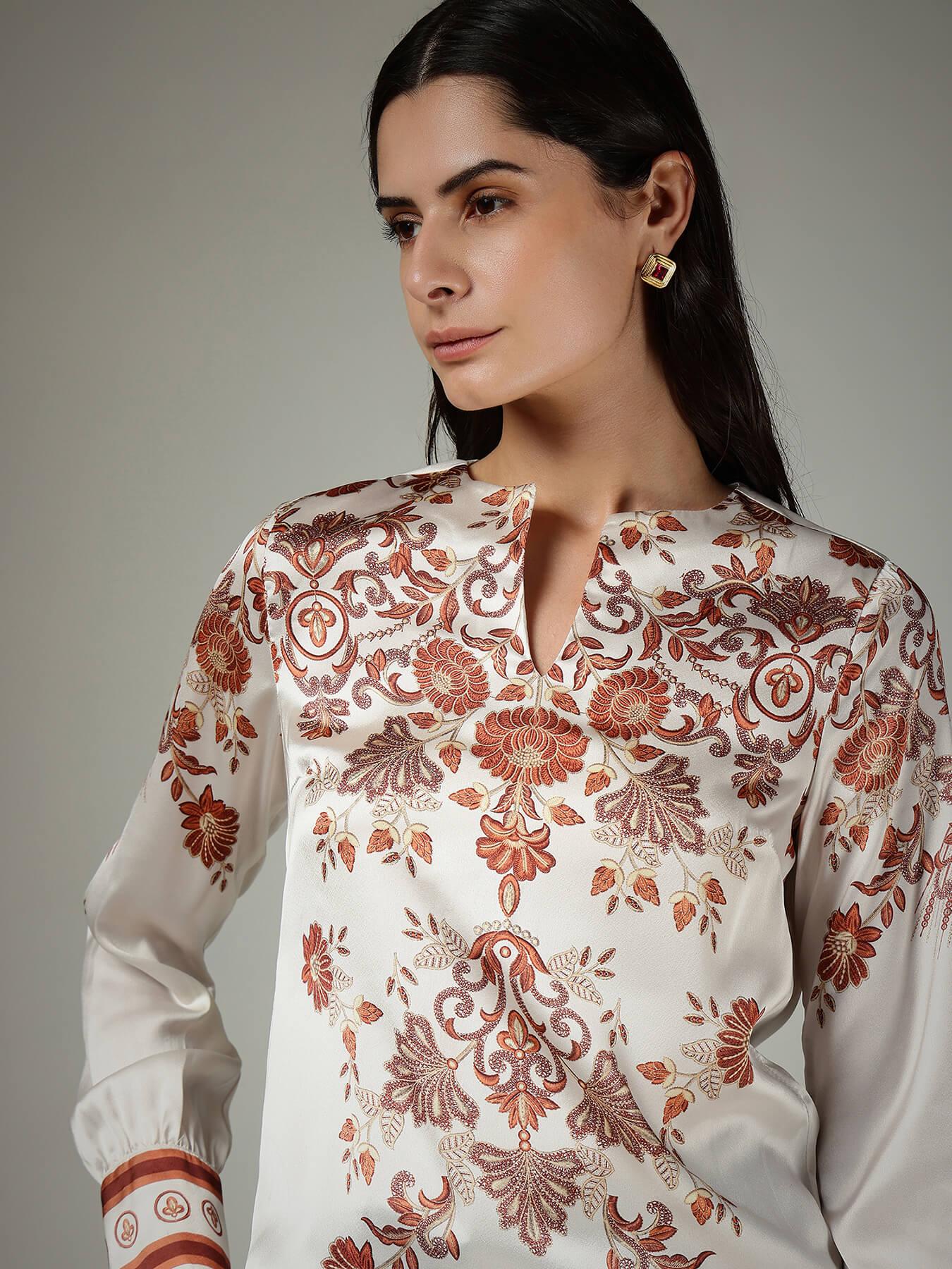 Satin Floral Top - Off White