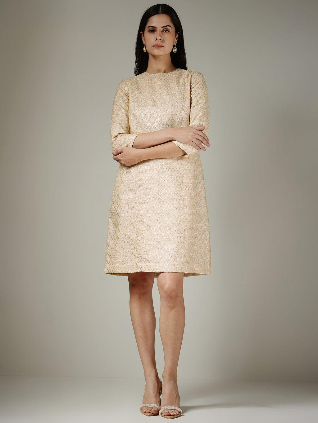 Brocade A-Line Dress - Beige