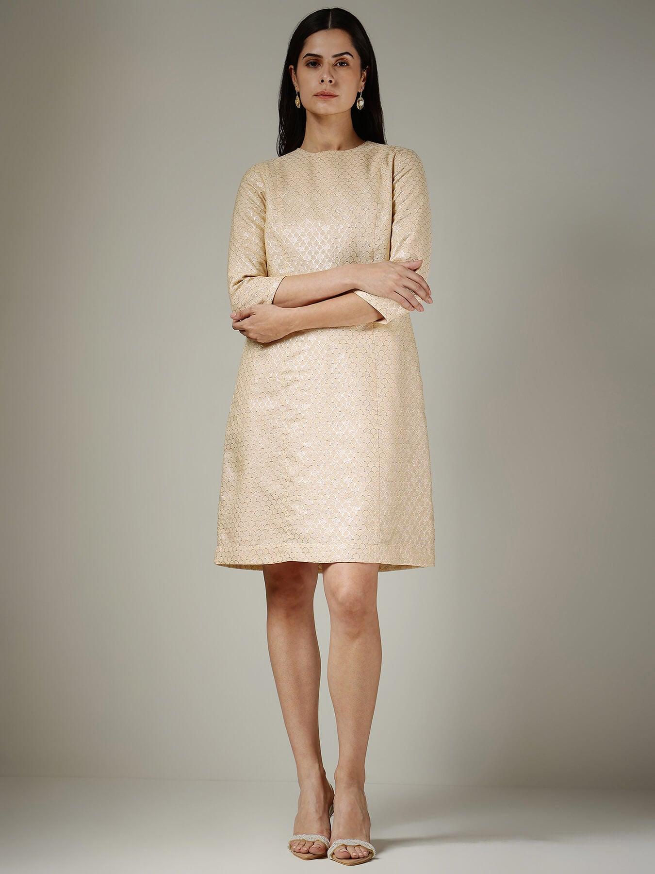 Brocade A-Line Dress - Beige